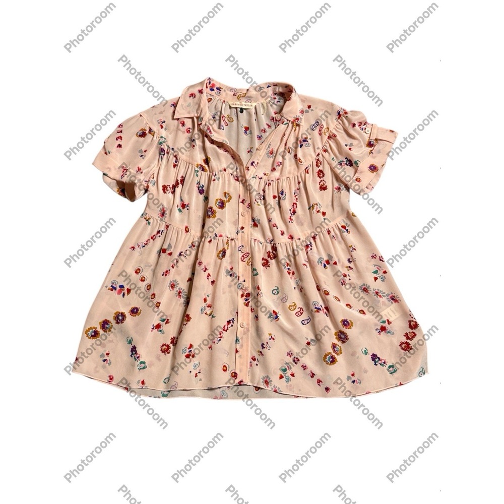 REBECCA TAYLOR Floral Tiered Blouse‎ Top Roll Tab Sleeve Size M Paisley Pink
